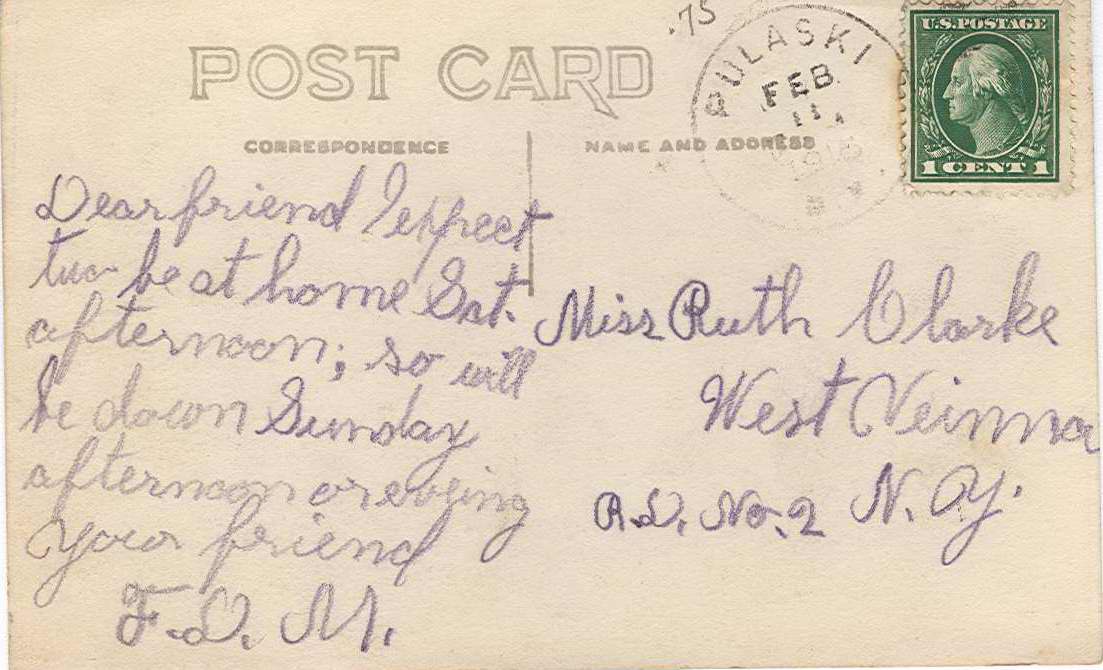 Black & white postcard with caption, "Main St., Pulaski, N.Y."  Handwritten message on back.  Stamped with Pulaski postmark. - Page 2