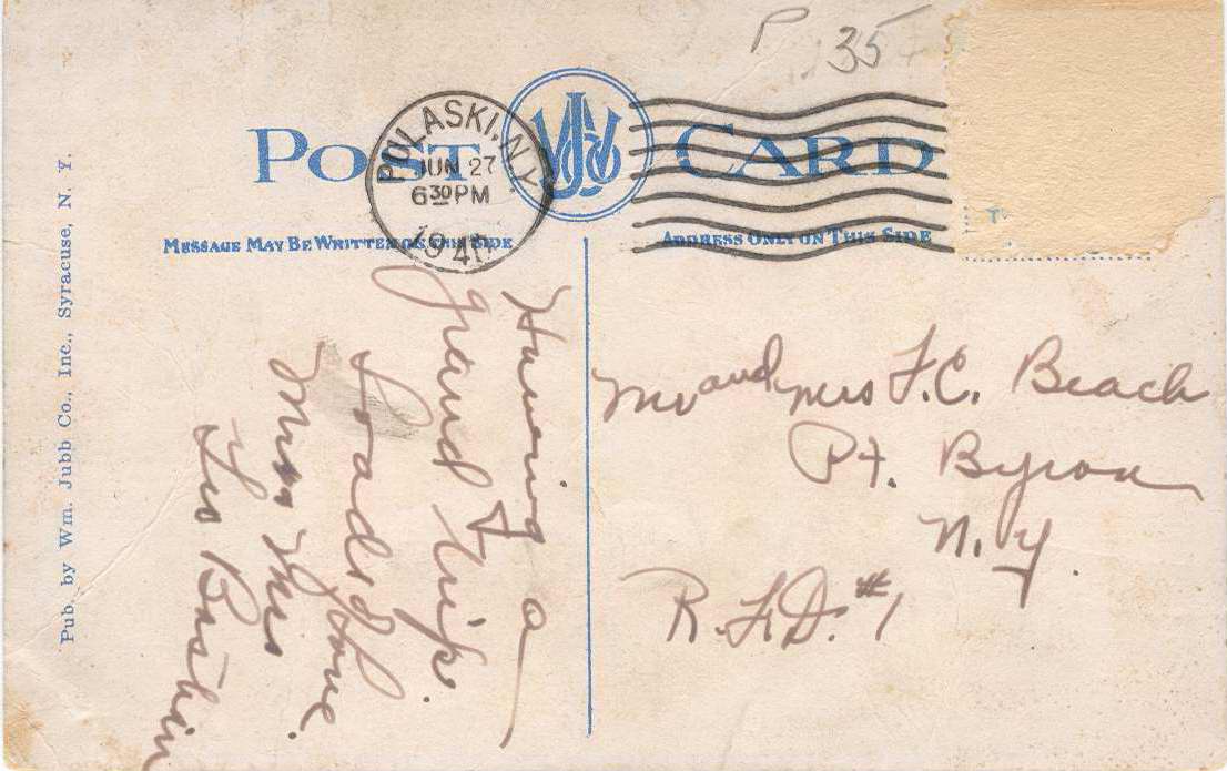 Color postcard with caption, "Jefferson Street Looking North, Pulaski, N.Y."  Handwritten message on back.  Pulaski postmark. - Page 2
