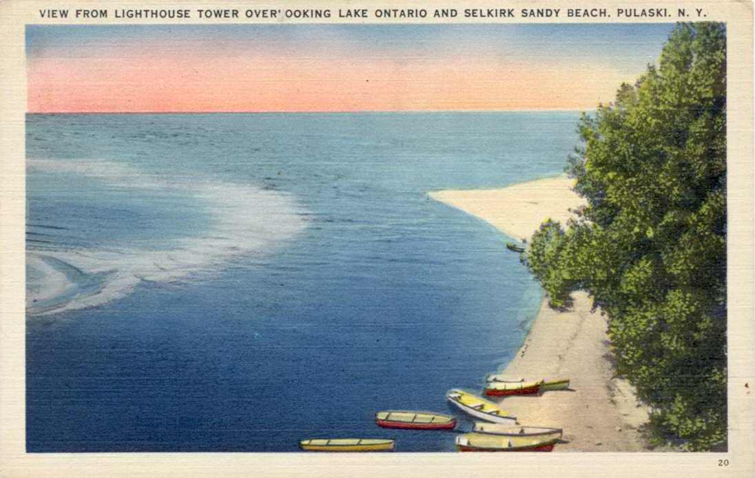 Color postcard with caption, "View From Lighthouse Tower Overlooking Lake Ontario And Selkirk Sandy Beach, Pulaski, N.Y." - Page 1