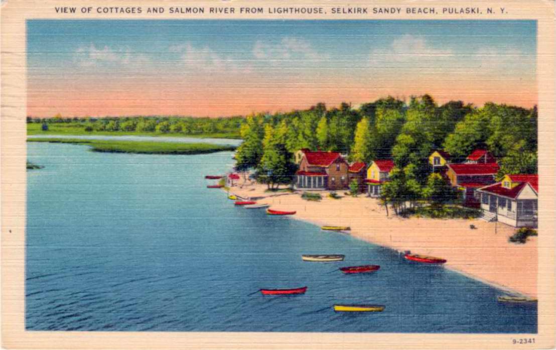 Color postcard with caption, "View Of Cottages And Salmon River From Lighthouse, Selkirk Sandy Beach, Pulaski, N.Y."  Handwritten message on back.  Stamped with Pulaski postmark. - Page 1