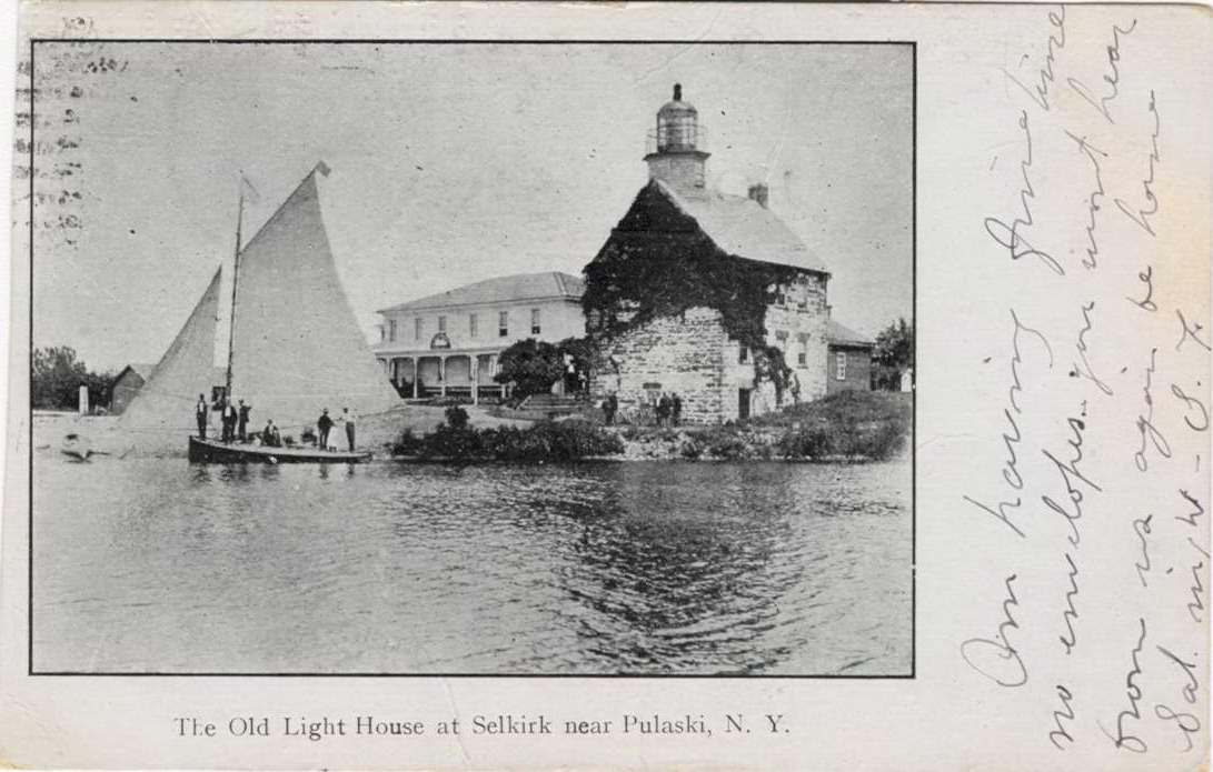 Black & white postcard with caption, "The Old Light House at Selkirk near Pulaski, N.Y."  Handwritten message on front, address on back.  Stamped with Pulaski postmark. - Page 1