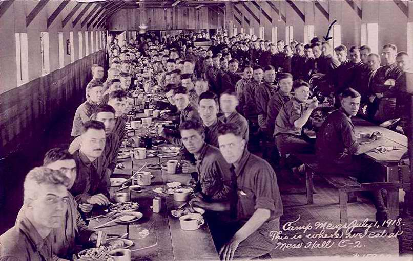 Black & white postcard with caption, "Camp Meigs, July 1, 1918.  This is where we eat at Mess Hall C-2."  Handwritten message on back.
 - Page 1