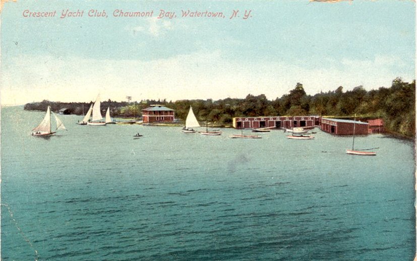 Color postcard with caption, "Crescent Yacht Club, Chaumont Bay, Watertown, N.Y."
 - Page 1