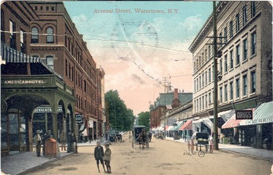 Color postcard with caption, "Arsenal Street, Watertown, N.Y."  Handwritten message on back addressed to Miss Grace Cornell. - Page 1