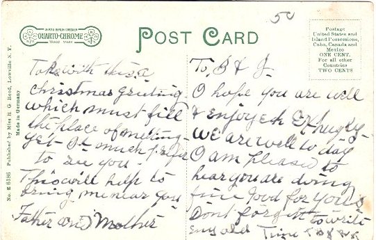 Color postcard with caption, "Academy, Lowville, N.Y."  Handwritten message on back. - Page 2