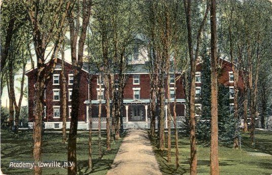 Color postcard with caption, "Academy, Lowville, N.Y."  Handwritten message on back. - Page 1