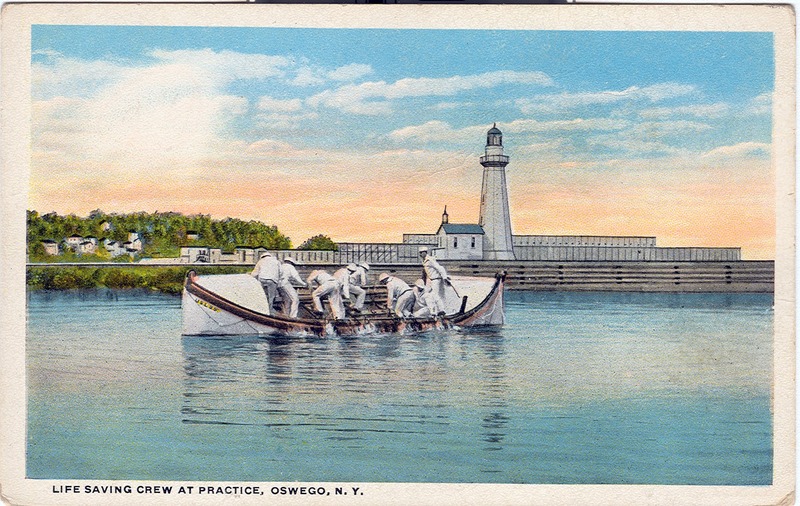 Color postcard with caption, "Life Saving Crew At Practice, Oswego, N.Y."  depicts 8 men on a life saving vessel in Oswego Harbor. - Page 1