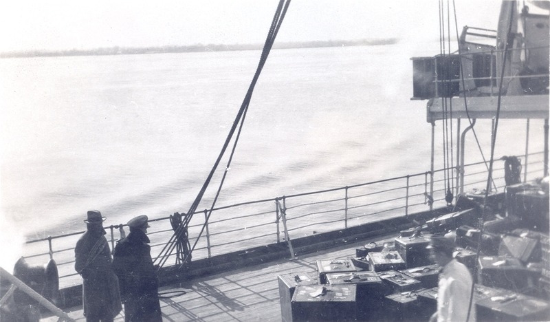 S. S. Republic.  Black & white photograph taken aboard ship.  3 unidentified individuals.