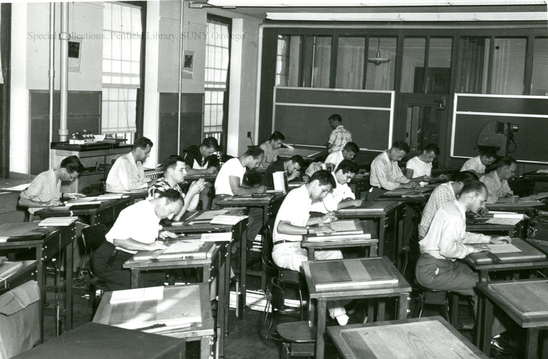 Classrooms, Students, Pergola, Sheldon Hall - 13b-01  Sheldon Hall classroom/lecture hall, 1955