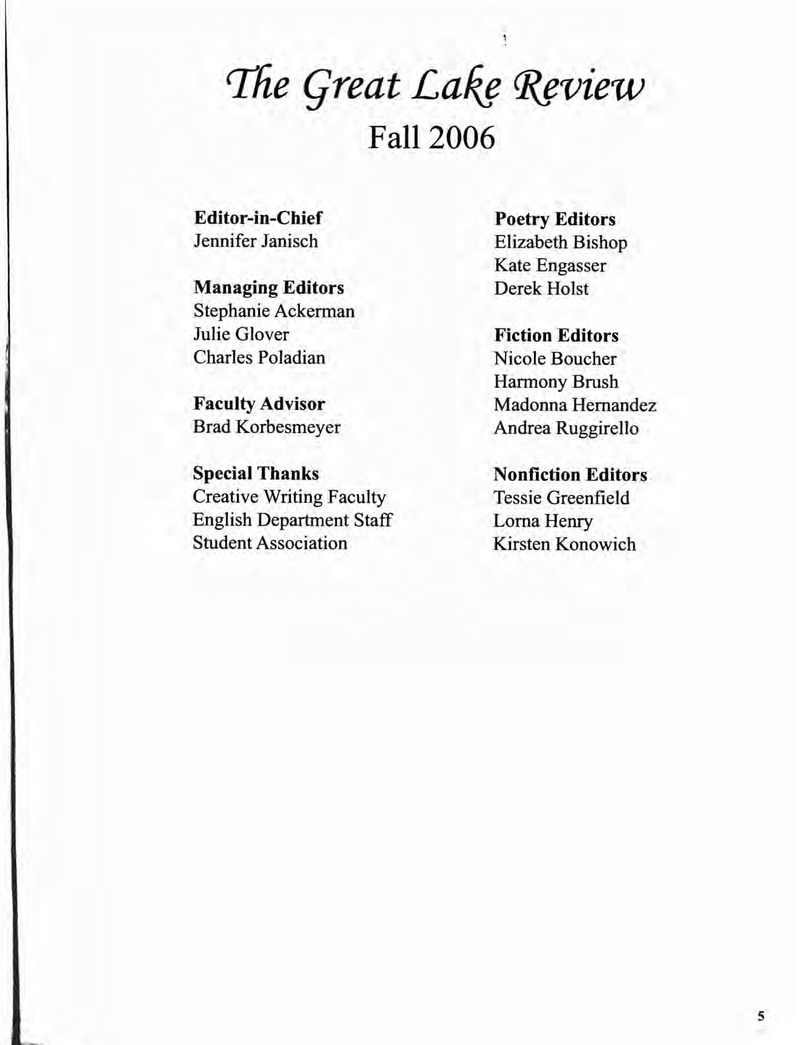 Great Lake Review - Fall 2006 - Front Matter ii