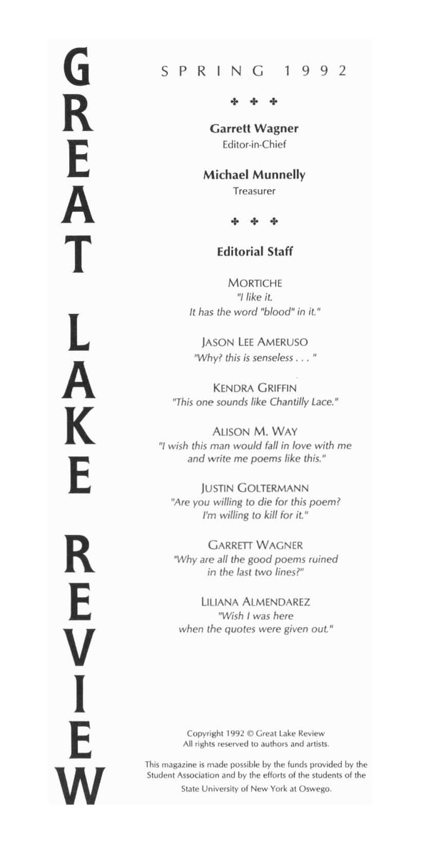 Great Lake Review - Spring 1992 - Front Matter